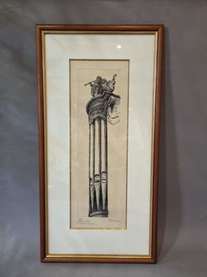 an old drawing of a woman sitting on top of a wooden pole