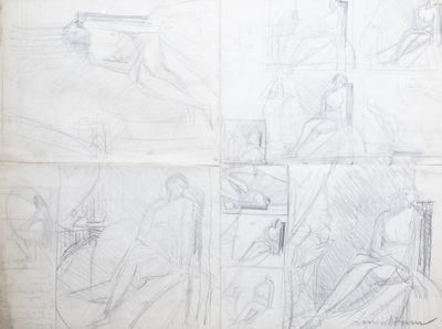 plusieurs croquis représentant un homme assis sur une chaise devant une fenêtre