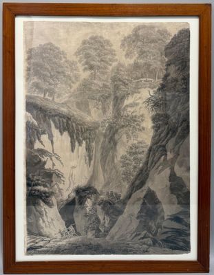 tableau représentant un paysage de montagne avec une cascade au premier plan