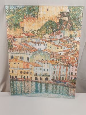 an image of a picture of a painting of a city by the water