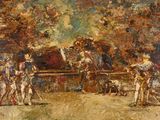 une peinture à l'huile représentant un groupe de personnes rassemblées autour d'une calèche