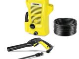 a yellow pressurer and hose next to a hose on a white background