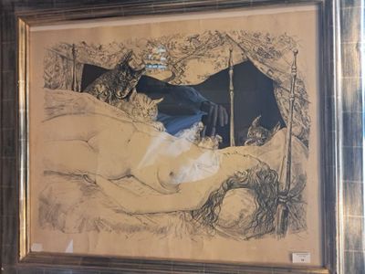 a drawing of a nude woman laying on a bed