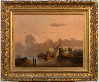 an oil painting of boats in a body of water with clouds in the background