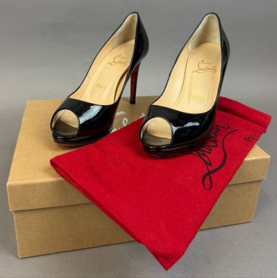 christian lours black patent peepy toe pumps