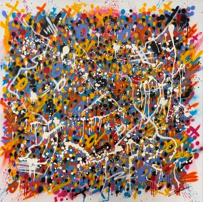 une peinture abstraite représentant des éclaboussures de peinture multicolores sur une surface blanche
