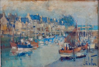 tableau représentant une scène portuaire avec des bateaux sur l'eau et des bâtiments en arrière-plan