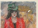 tableau représentant une femme vêtue d'un manteau rouge et d'un chapeau vert
