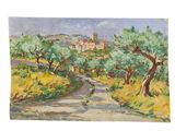 an oil painting of a country road with trees and a church in the distance