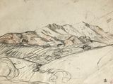 dessin représentant un paysage avec une montagne au loin et une personne à vélo au premier plan