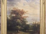 an oil painting of a wooded landscape with a deer in the foreground