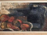 un tableau représentant un vase bleu et une corbeille de fruits