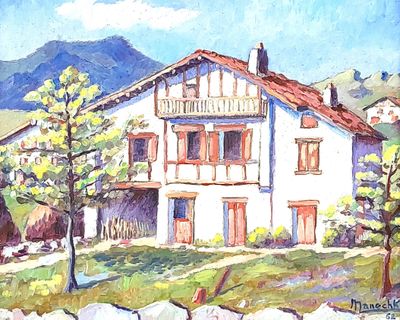 a painting of a house on a hill with mountains in the background