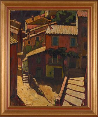 an image of a painting of a street scene with buildings