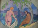 a painting of two women sitting on a bench