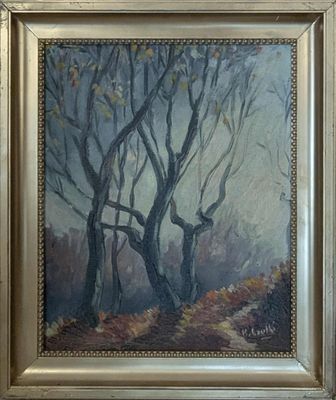 une peinture à l'huile représentant un arbre dans une zone boisée, avec des feuilles au sol