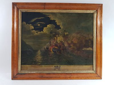 tableau encadré représentant un navire sur une mer agitée, survolé par un oiseau