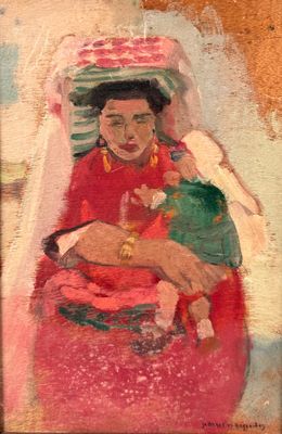 painting of a woman in a red dress holding a baby and a bird