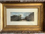 framed picture of a painting of a man and a dog in a wooded setting