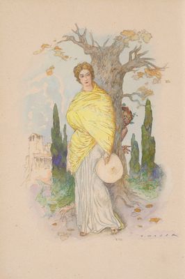 painting of a woman in a yellow shawl holding a frisbee