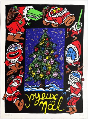 une image représentant un sapin de Noël entouré de pères Noël