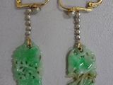 pair of green jade and pearl earrings on gold plated hooks