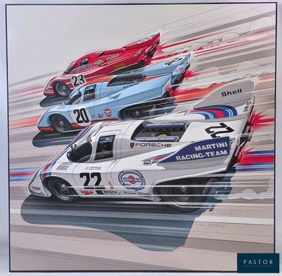 a painting of three race cars racing on a track