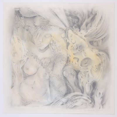 dessin représentant une femme et un dragon dans un cadre blanc