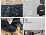 four pictures of a box with a pair of shoes and a pair of headphones