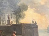 an oil painting of a man and a woman in a boat on a river
