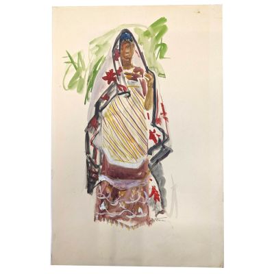 tableau représentant une femme en costume traditionnel, un panier sur la tête