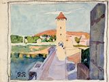 aquarelle représentant un château avec vue sur une rivière
