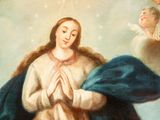 an image of a painting of the virgin mary with angels in the background