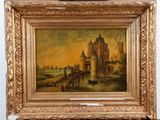 an oil painting of a castle in a golden frame on a table