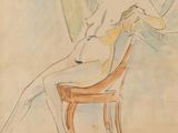 drawing of a woman sitting in a chair with a surfboard