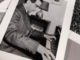 several black and white photos of a man playing a piano