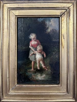 une peinture à l'huile représentant deux enfants jouant dans un ruisseau
