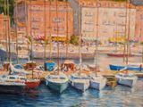 painting of a harbor filled with lots of boats and buildings