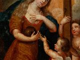 an image of a painting of a woman holding a cross with two children