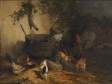 un tableau représentant des poules et des coqs dans une grange