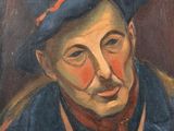 portrait d'un homme portant un chapeau bleu et une écharpe rouge