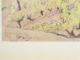drawing of a landscape with trees and bushes in the foreground