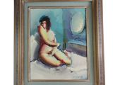painting of a naked woman sitting on a bed in a room