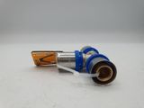 a blue and silver hose that is on a white surface