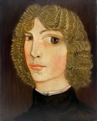 portrait d'un jeune homme aux cheveux bouclés, portant une chemise noire à col