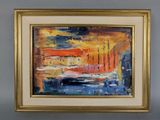 an image of a painting of boats in a harbor at sunset