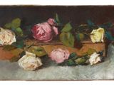 an oil painting of roses in a box on a table