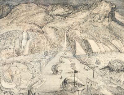 un dessin représentant un bateau sur l'eau, avec une montagne en arrière-plan