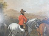 un tableau représentant un homme à cheval, aux côtés de deux chevaux