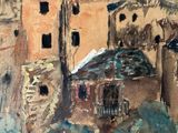 a painting of a building with a clock tower in the background